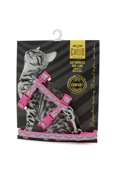 Cattie Özel Desenli Dokumadan El Yapımı Kedi Göğüs & Gezdirme Takımı Pink ürün görseli 1