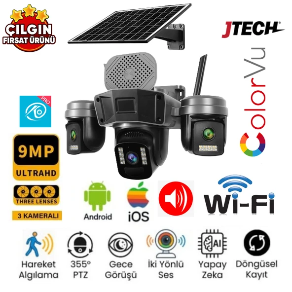 O-Kam 5210 3mp+3mp+3mp 9mp Wi-Fi Solar Panelli 3lens Alert 1ptz Akllı Kamera ürün görseli 1
