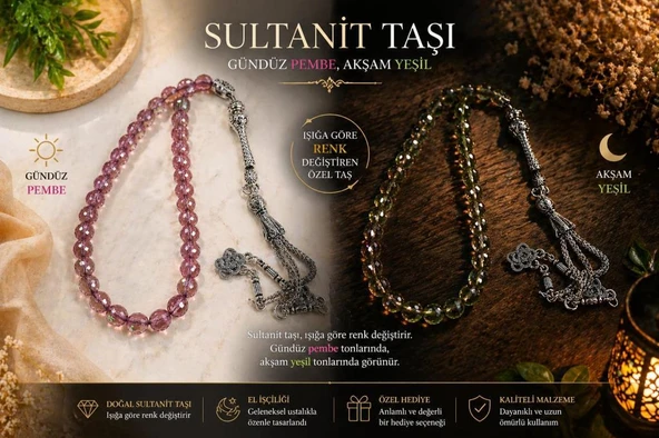 Sultanit Taşı 33 lü Tesbih – Gündüz Pembe Akşam Yeşil Renk Değiştiren Doğal Taş Zultanit  Tesbih | Özel Tasarım ürün görseli 1
