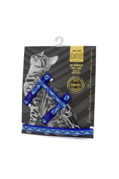 Cattie Özel Desenli Dokumadan El Yapımı Kedi Göğüs & Gezdirme Takımı Royal Blue ürün görseli 1