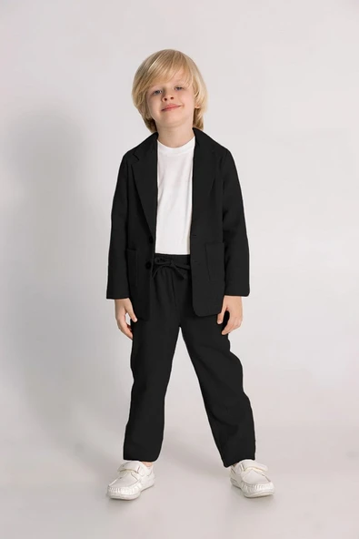 DMB BOYS & GIRLS Erkek Çocuk Beli Lastikli Ceket Pantolon T-shirt Kombinli Özel Gün Bayramlık 3'lü Erkek Çocuk Takım Siyah ürün görseli 1