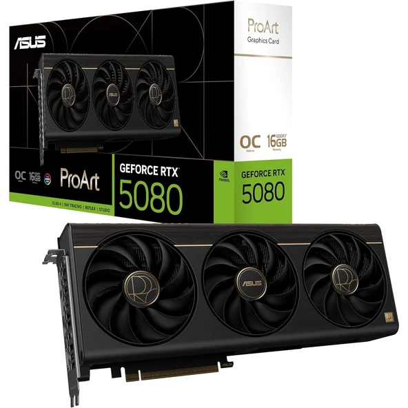 ASUS PROART-RTX5080-O16G-NVIDIA-GEFORCE-RTX 5080-16GB GDDR7-256bit--OC-2xHDMI-3xDP-RGB-DLSS4 EKRAN KARTI ürün görseli 1