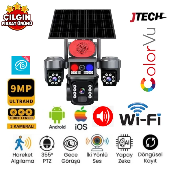 O-Kam 5220 3mp+3mp+3mp 9mp Wi-Fi Solar Panelli 3lens Alert 1ptz Akllı Kamera ürün görseli 1