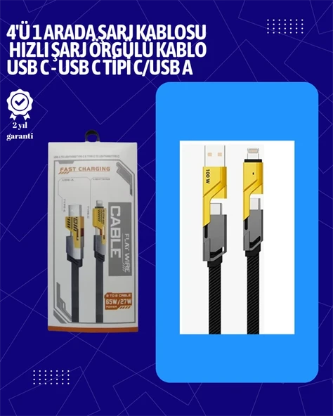 Usb-c Ve Lightning Uyumlu 4'ü 1 Arada Kablo – 65w Hızlı Şarj, Örgülü Dayanıklı Yapı ürün görseli 1