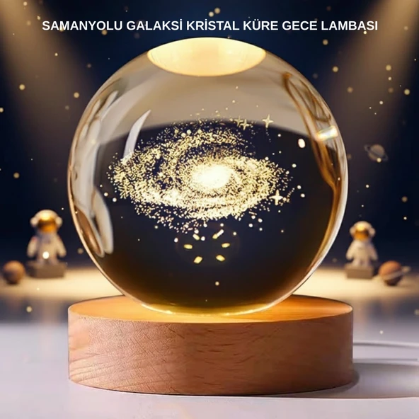 Samanyolu Desenli Kristal Küre Ahşap Standlı Gün Işığı Led Masa Lambası ürün görseli 1