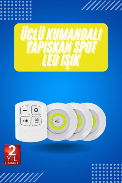 Yapışkanlı 3'lü Spot Led Işık Lamba Montajsız Pilli Uzaktan Kumandalı ürün görseli 1