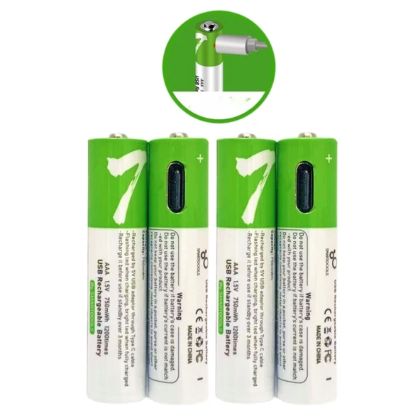 Type-c İle Şarjolabilen 4 Lü Aaa 1.5v Lityum İnce Şarjlı Kalem Pil 750 Mah Uzun Ömürlü ürün görseli 1