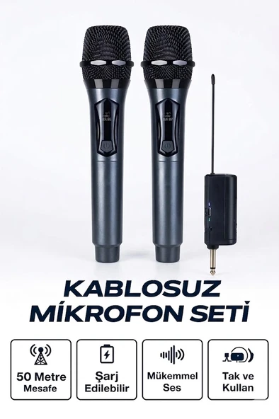 Profesyonel Çiftli Kablosuz Mikrofon Seti Karaoke Şarj Edilebilir 50 Metre ürün görseli 1