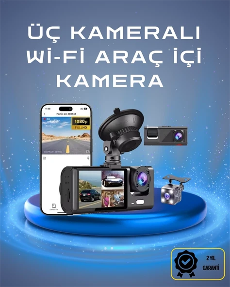 Üç Kameralı 1080p Full Hd Araç İçi Kamera – G-sensörlü Ve Gece Görüşlü ürün görseli 1