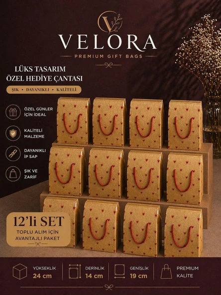 Kolix Velora 12'li Premium Karton Poşet Hediye Paketi Karton Çanta  24x14x20cm ürün görseli 1
