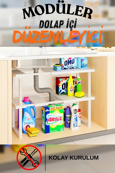 Plastik Genişletilebilir Raf Ayarlanabilir Düzenleyici Mutfak Banyo Düzenleyici - Çift Katlı - Beyaz ürün görseli 1