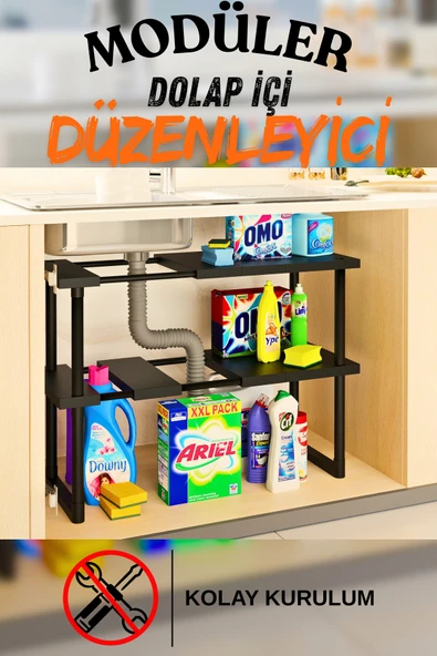 Plastik Genişletilebilir Raf Ayarlanabilir Düzenleyici Mutfak Banyo Düzenleyici - Çift Katlı - Siyah ürün görseli 1