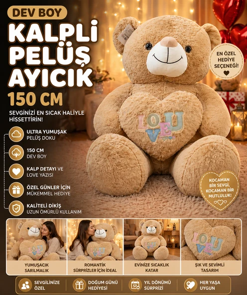 Dev Boy Kalpli Peluş Ayıcık 150 CM Ultra Yumuşak Büyük Boy Sevgiliye Özel Hediye Ayı ürün görseli 1