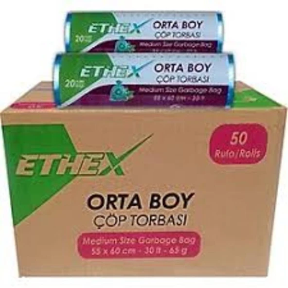 Ethex Orta Boy Mavi Renk Çöp Torbası 50 Paket x 55x60 Cm ürün görseli 1