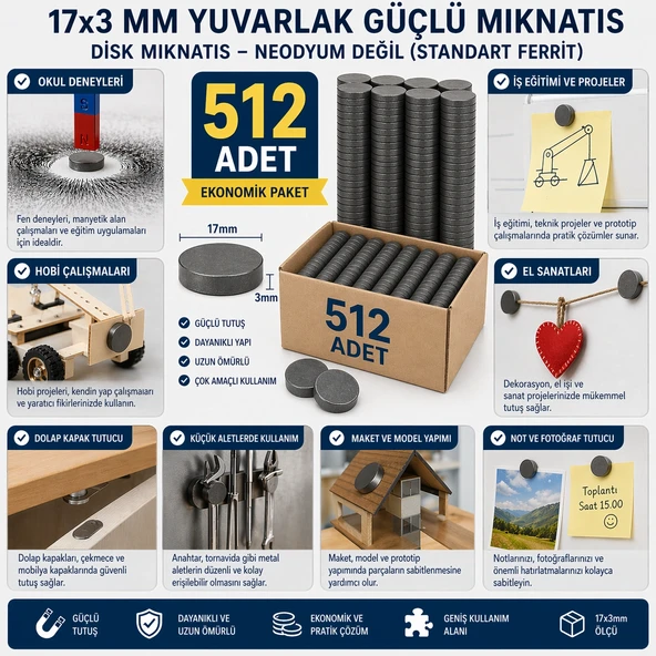 512 Adet Mıknatıs 17x3 Mm Yuvarlak Güçlü Mıknatıs Disk Mıknatıs ürün görseli 1