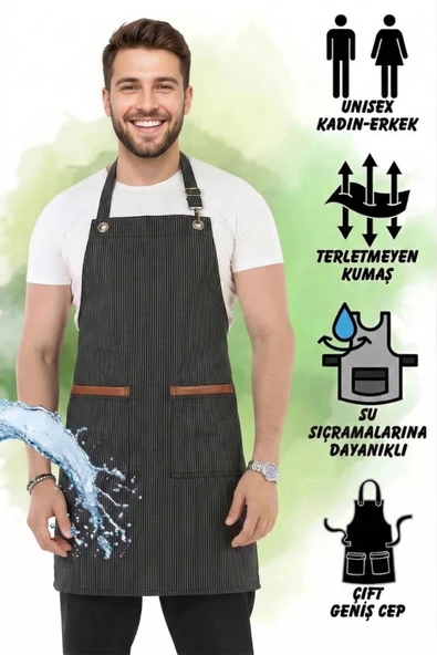 Hawk Era Önlük Şef Garson Restaurant Kafe Aşçı Mutfak Barista Kuaför Siyah iş Önlüğü İki Cepli ürün görseli 1