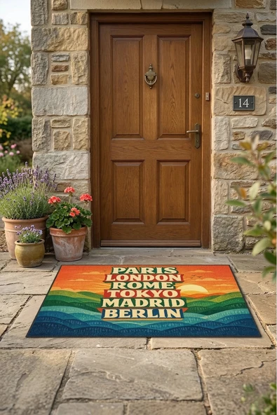 Valerine Life Retro Dünya Başkentleri Dijital Baskılı Ev Ofis işyeri Dış Kapı Önü Paspası 45x70cm ürün görseli 1