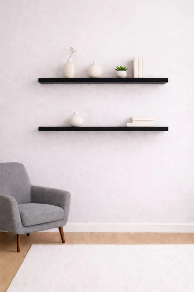 90 Cm 2li Mat Siyah Mdf Uçan Duvar Rafı Gizli Bağlantı Kitaplık ürün görseli 1