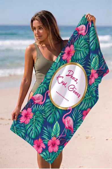 Valerine Life isme Kişiye Özel Pembe Flamingolu Plaj Havuz Spa Sauna Spor Havlusu 70x140cm Pamuklu Yüksek Emicilik ürün görseli 1