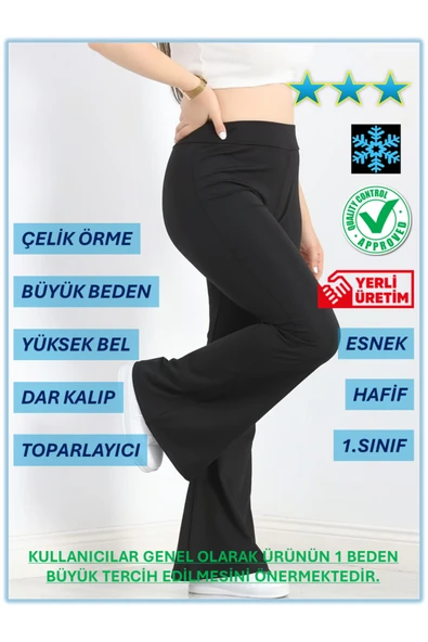 Büyük Beden Ispanyol Paça Yüksek Bel Toparlayıcı Interlok Çelik Örme Tayt (YÜKSEK KALİTE, LUX) ürün görseli 1
