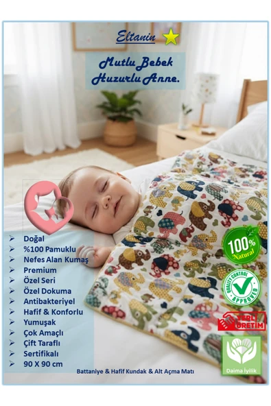 %100 Pamuklu Premium Pazen Çift Taraflı Çok Amaçlı Bebek Battaniyesi - 90x80cm, Özel Soft Kumaş ürün görseli 1