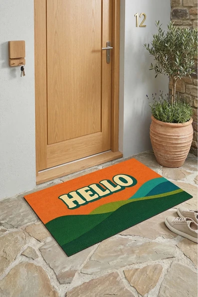 Valerine Life Hello Retro Vintage Çizgili Dijital Baskılı Ev Ofis işyeri Dış Kapı Önü Paspası 45x70cm ürün görseli 1