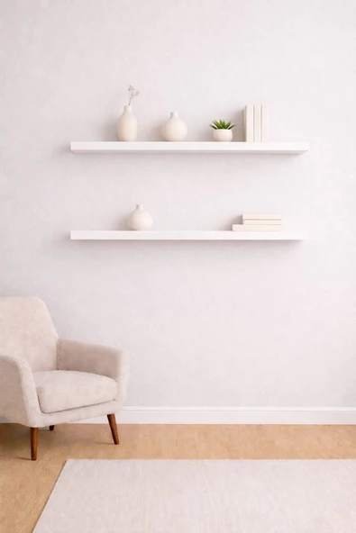 90 Cm 2li Mat Beyaz Mdf Uçan Duvar Rafı Gizli Bağlantı Kitaplık ürün görseli 1