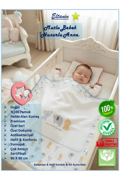 %100 Pamuk Penye Raporlu Çok Amaçlı Bebek Battaniyesi - Minituffy, 90x90cm, Doğal Özel Doku, Yumuşak ürün görseli 1