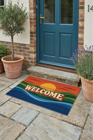 Valerine Life Retro Gün Batımı WELCOME Dijital Baskılı Ev Ofis işyeri Dış Kapı Önü Paspası 45x70cm ürün görseli 1