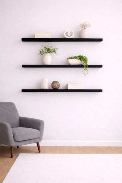 90 Cm 3lü Mat Siyah Mdf Uçan Duvar Rafı Gizli Bağlantı Kitaplık ürün görseli 1