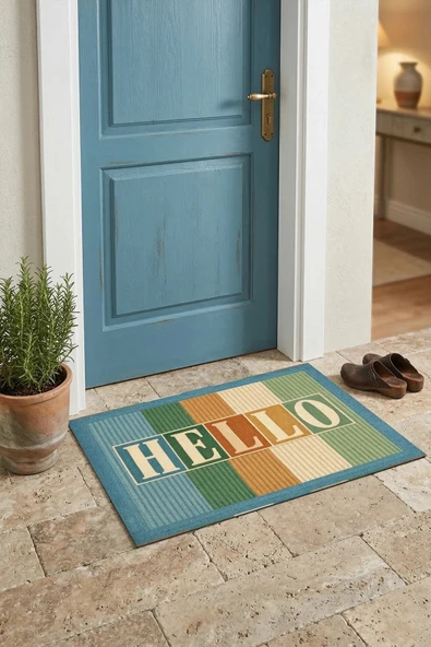 Valerine Life HELLO Retro Tipografi Dijital Baskılı işyeri Ev Ofis Kapı Önü Dış Paspası 45x70cm ürün görseli 1