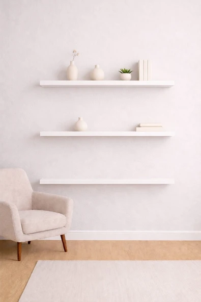 90 Cm 3lü Mat Beyaz Mdf Uçan Duvar Rafı Gizli Bağlantı Kitaplık ürün görseli 1