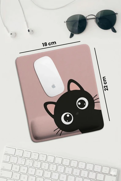 SonicTouch Pembe Bilek Meraklı Siyah Kedi Dikdörtgen Pürüzsüz Yüzey Ergonomik Mouse Pad 18x22cm ürün görseli 1