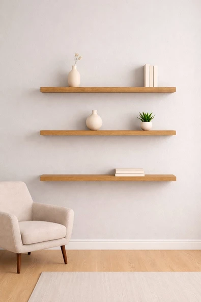 90 Cm 3lü Safir Meşe Uçan Duvar Rafı Gizli Bağlantı Kitaplık ürün görseli 1
