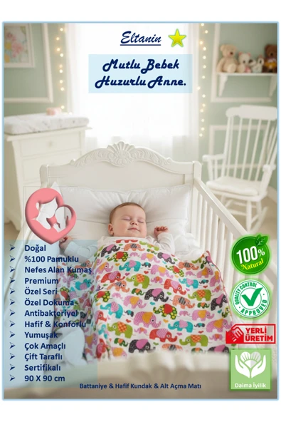 %100 Pamuklu Premium Pazen Çift Taraflı Çok Amaçlı Bebek Battaniyesi - 90x80cm, Özel Soft Kumaş ürün görseli 1