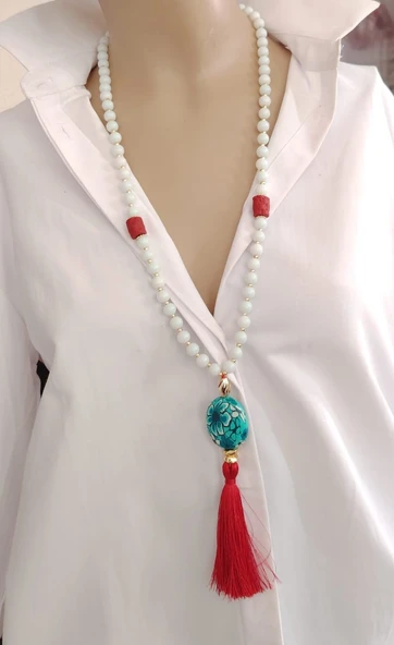 Beyaz Oniks Taşlı Uzun Püskül Kolye El Yapımı Cam Boncuk Turkuaz Detaylı & Sade Model 72 cm Kutulu Kolye ürün görseli 1