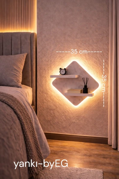 Mat Beyaz MDF Led Işıklı Elektrik Bağlantılı Uçan Duvar Rafı Aydınlatma Dekoratif Raf ürün görseli 1