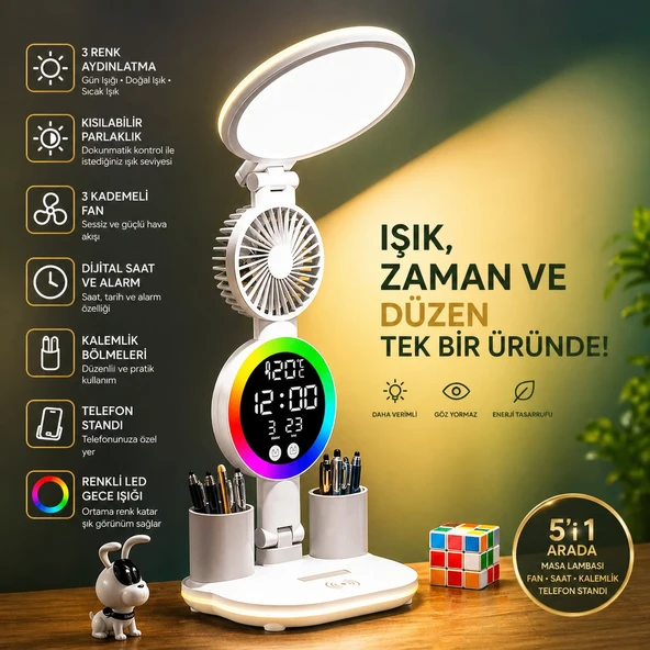 TechTic LED Masa Lambası Yuvarlak Başlı Fanlı Saatli 3 Renk RGB Işıklı Dimmer Şarjlı Göz Korumalı ürün görseli 1