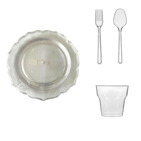 Omeyva 26 Cm. Plastik Mika Şeffaf Sorfa Piknik Seti - 12 Kişilik Tabak Bardak Çatal Kaşık Takımı ürün görseli 1