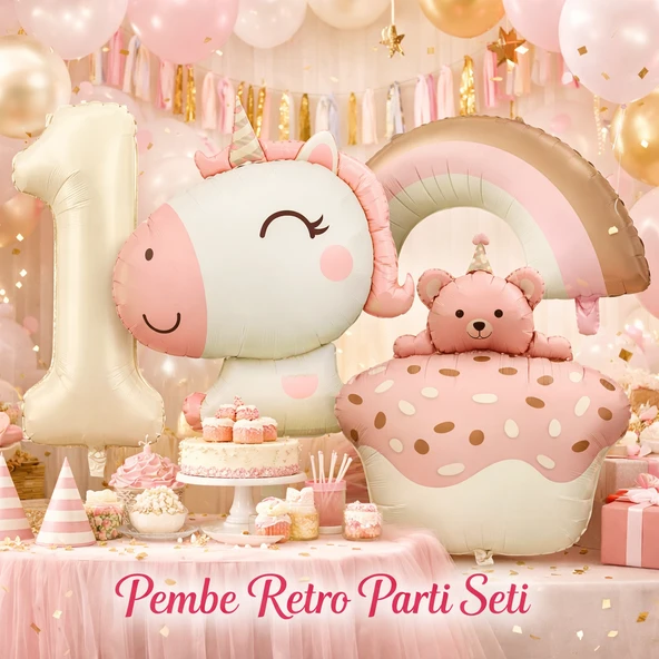 Pembe Retro Unicorn 1 Yaş Doğum Günü Balon Seti – Helyum Uyumlu ürün görseli 1