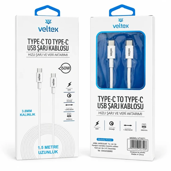1.5 Metre 60W PD Type-C to Type-C Hızlı Şarj ve Data Kablosu VTX-071 ürün görseli 1