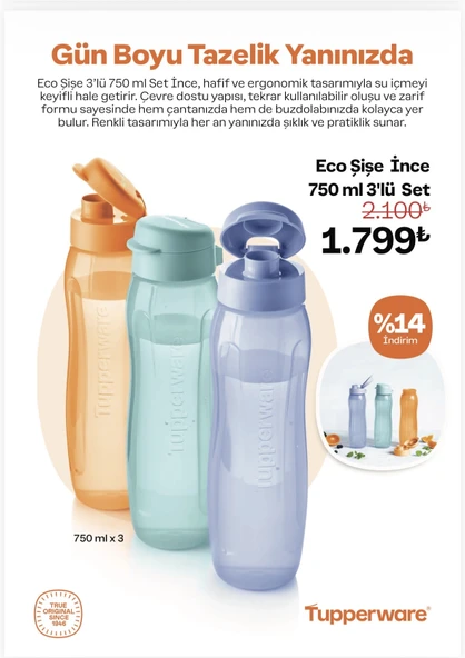 Tupperware Eco Slim Şişe 750 ml 3 Adet ürün görseli 1