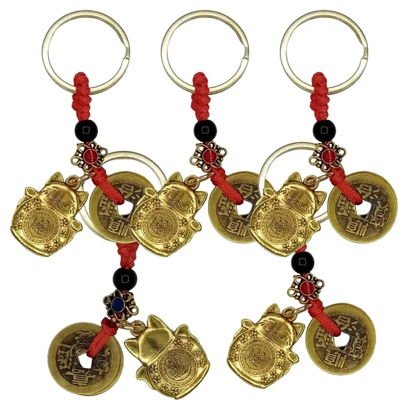 5 Adet Maneki Neko Metal Anahtarlık Feng Shui Şans ve Bereket Parası ürün görseli 1