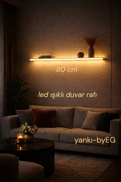 80 Cm Mat Beyaz MDF Led Işıklı Elektrik Bağlantılı Uçan Duvar Rafı Aydınlatma Dekoratif Raf ürün görseli 1