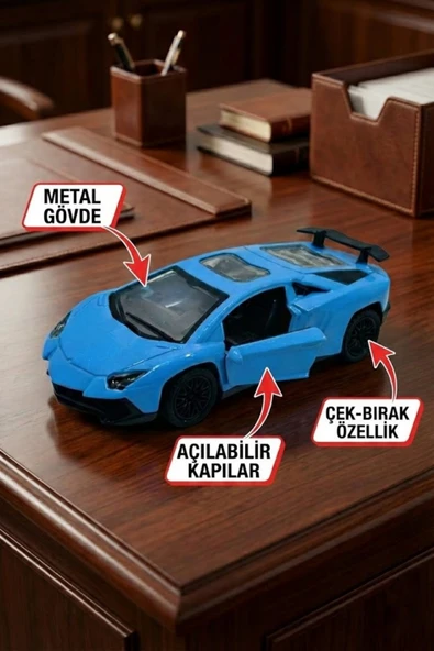 Lamborghini Aventador Oyuncak Metal Çek Bırak Spor Araba - Açılan Kapılı Mavi Model Araba ürün görseli 1
