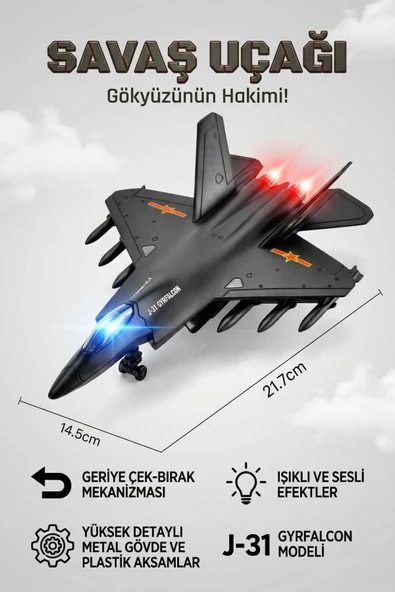 J-31 Gyrfalcon Işıklı Sesli Metal Savaş Uçağı - Geriye Çek Bırak Model Oyuncak Uçak 22 cm ürün görseli 1