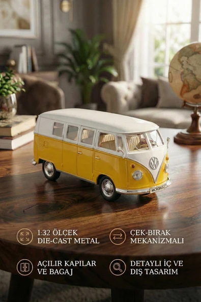 1:32 Ölçek Metal Çek Bırak Nostaljik Volkswagen T1 Minibüs Vosvos Oyuncak Araba - Sarı (13 cm) ürün görseli 1