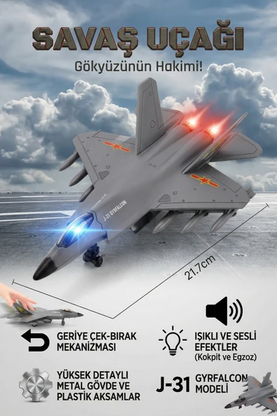 J-31 Gyrfalcon Işıklı Sesli Metal Savaş Uçağı - Geriye Çek Bırak Model Oyuncak Uçak 22 cm ürün görseli 1