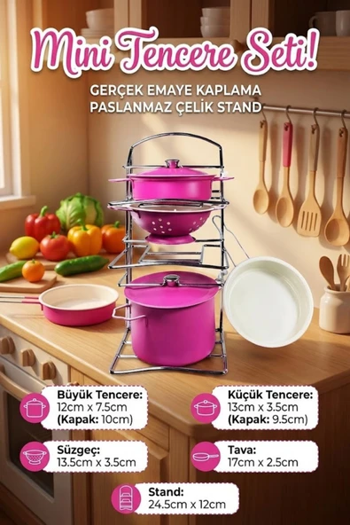 Oyuncak Kutulu Standlı Tencere Seti - Gerçek Emaye Kaplama 7 Parça Pembe Evcilik Oyuncağı ürün görseli 1