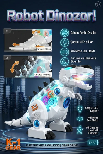 Vardem Oyuncak K-1 Gear Şeffaf Gövdeli Işıklı Sesli Yürüyen T-Rex Robot Dinozor Beyaz ürün görseli 1